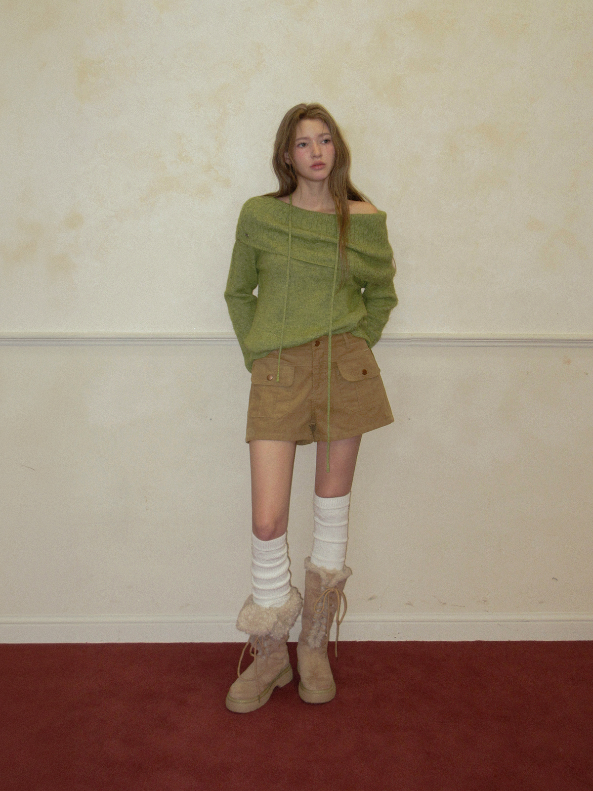 TWEE Ritun patterned off-shoulder long sleeve knit (strap set) - Model styling view