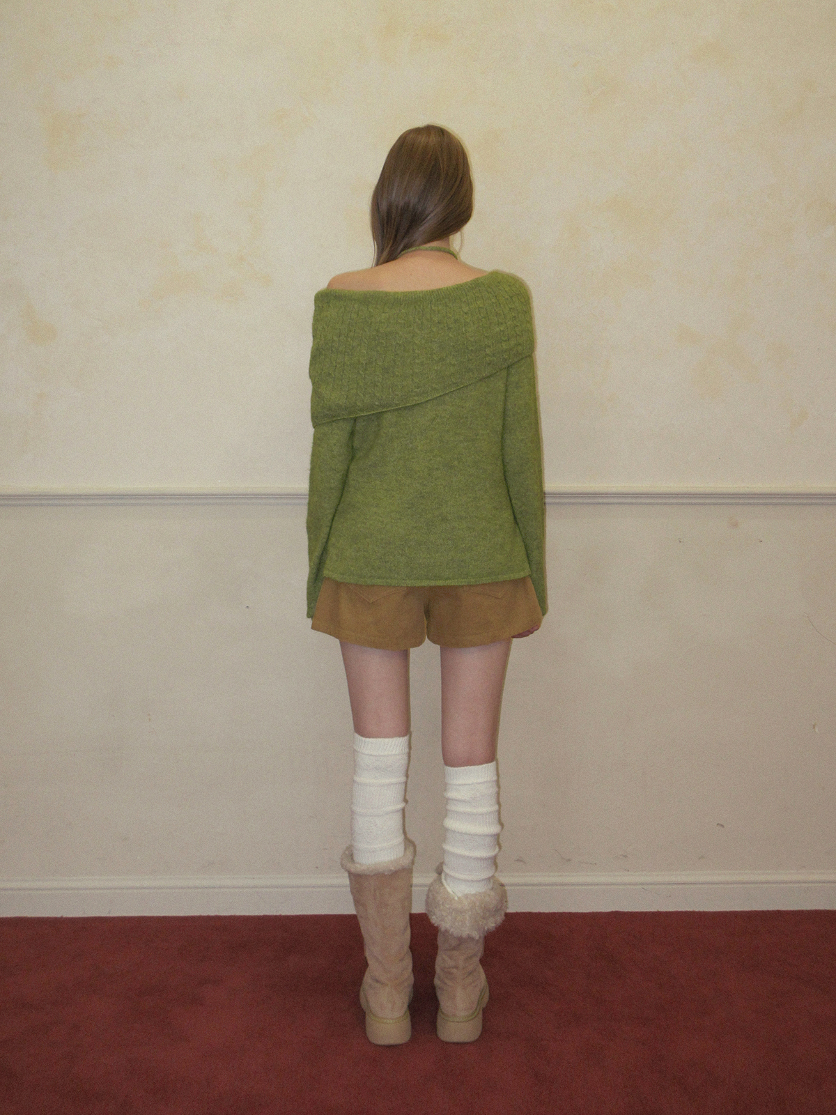 TWEE Ritun patterned off-shoulder long sleeve knit (strap set) - Model styling view