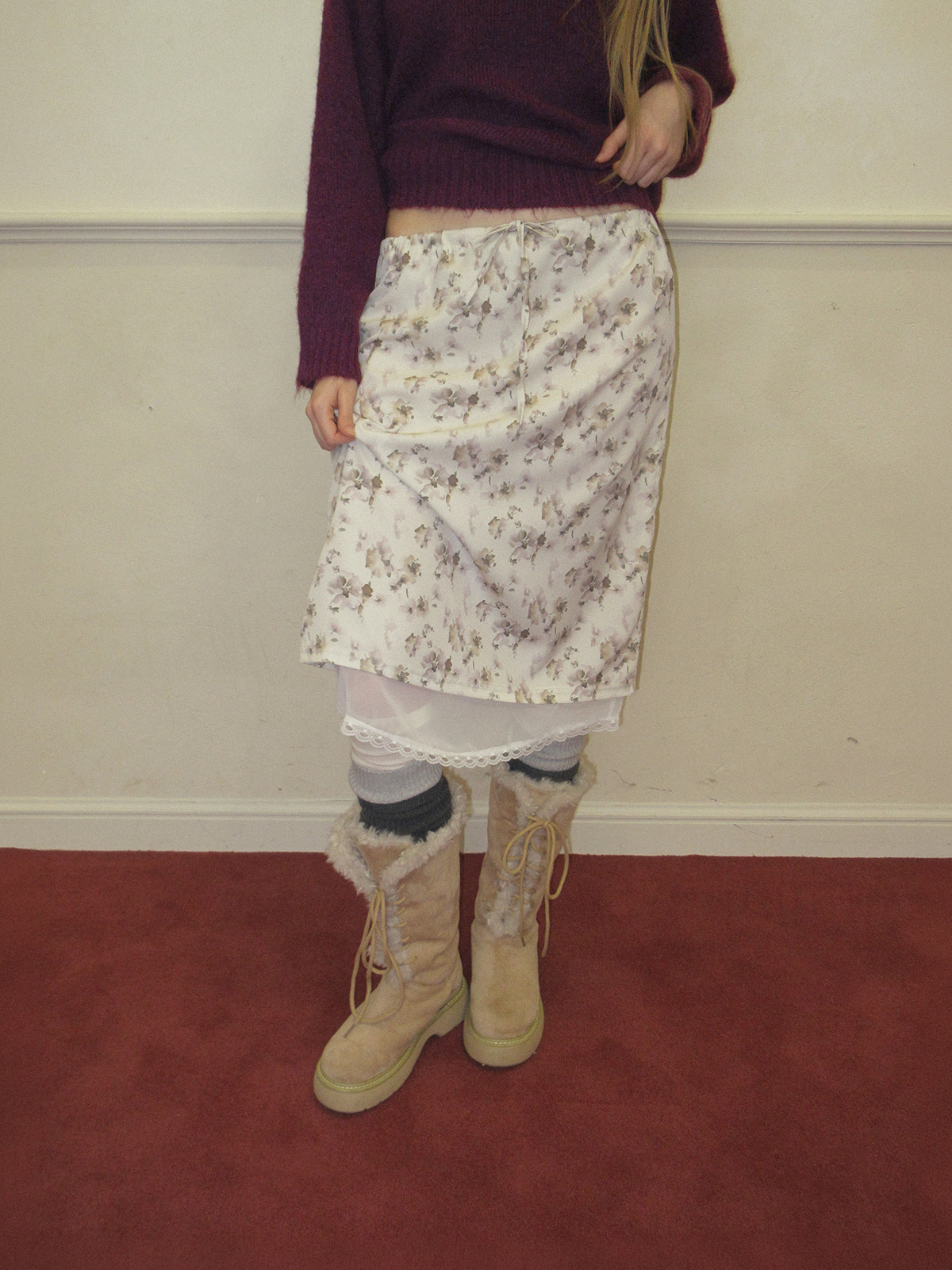TWEE Word floral pattern satin midi skirt - Model styling view