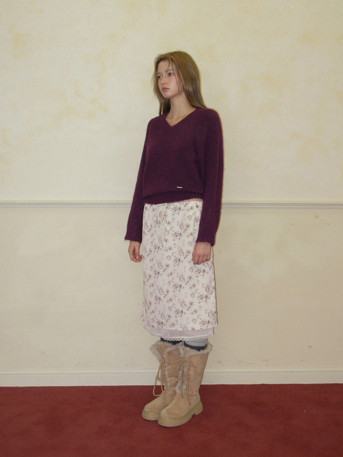 TWEE Word floral pattern satin midi skirt - Model styling view