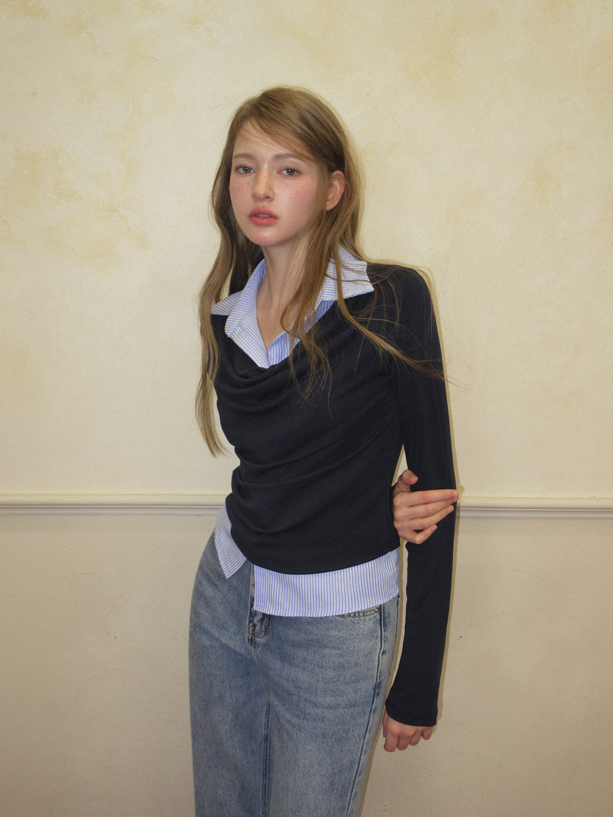 TWEE Ravi shirt contrast drape long sleeve T-shirt - Model styling view