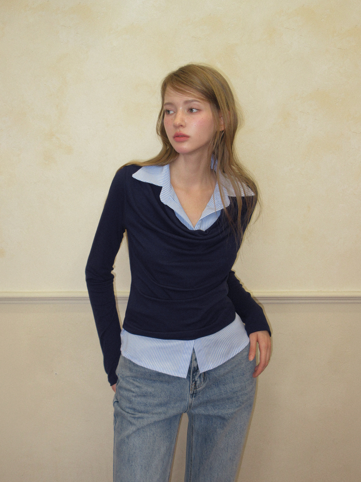 TWEE Ravi shirt contrast drape long sleeve T-shirt - Model styling view