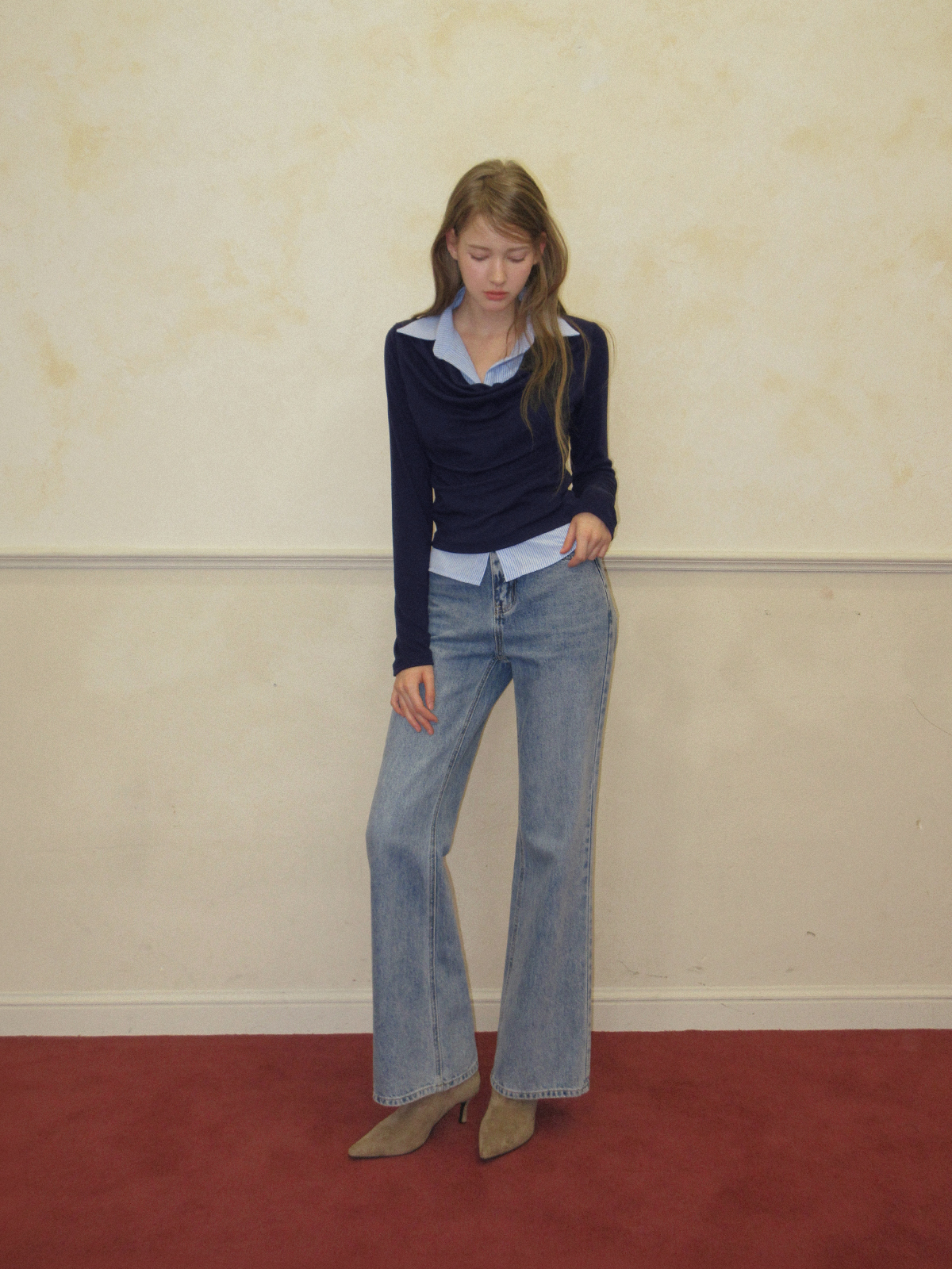 TWEE Ravi shirt contrast drape long sleeve T-shirt - Model styling view