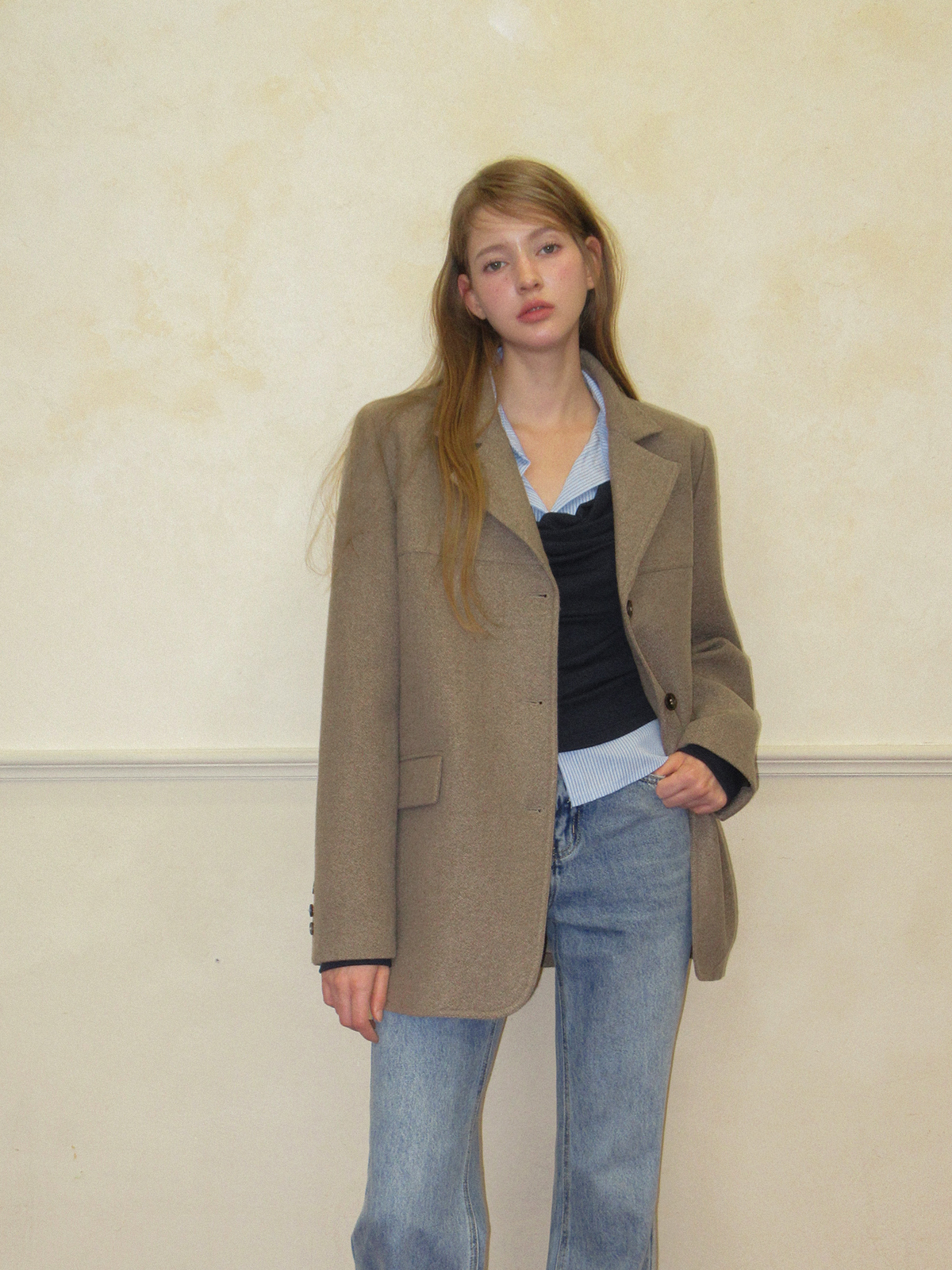 TWEE Ravi shirt contrast drape long sleeve T-shirt - Model styling view