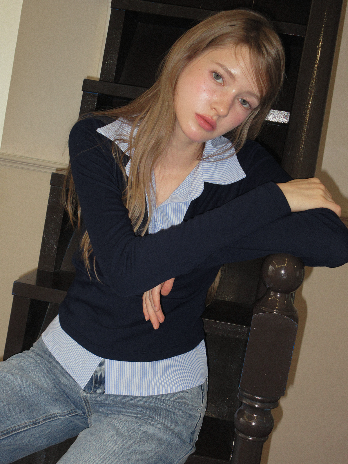 TWEE Ravi shirt contrast drape long sleeve T-shirt - Model styling view