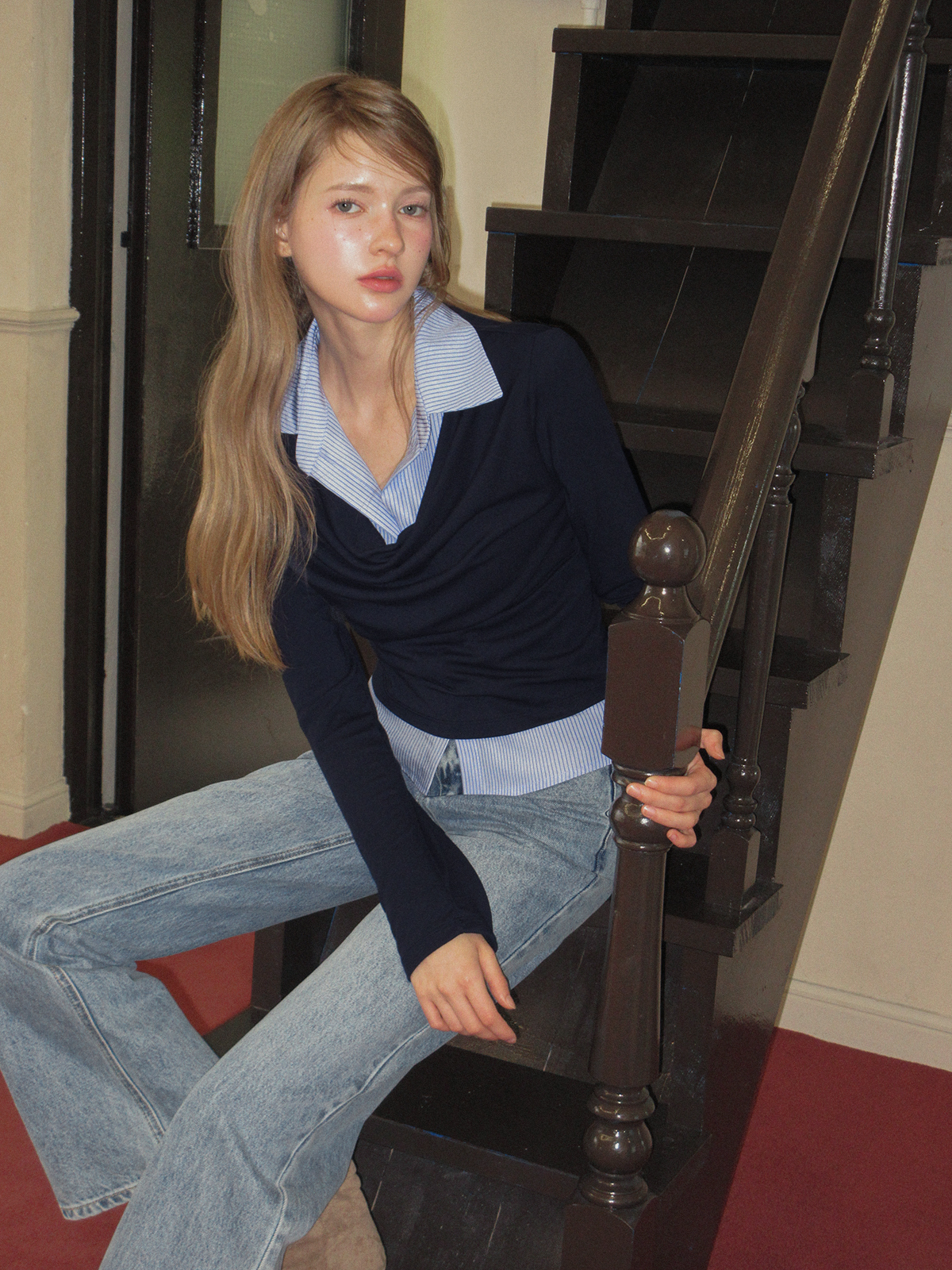 TWEE Ravi shirt contrast drape long sleeve T-shirt - Model styling view