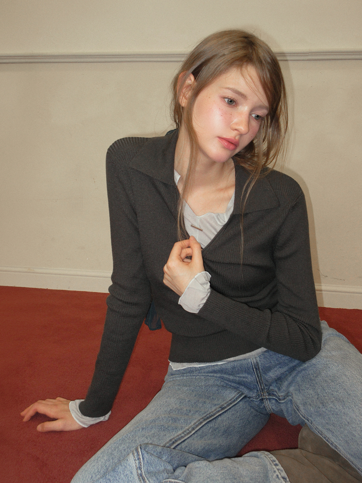 TWEE Ejeun open collar U-neck long sleeve knit - Model styling view