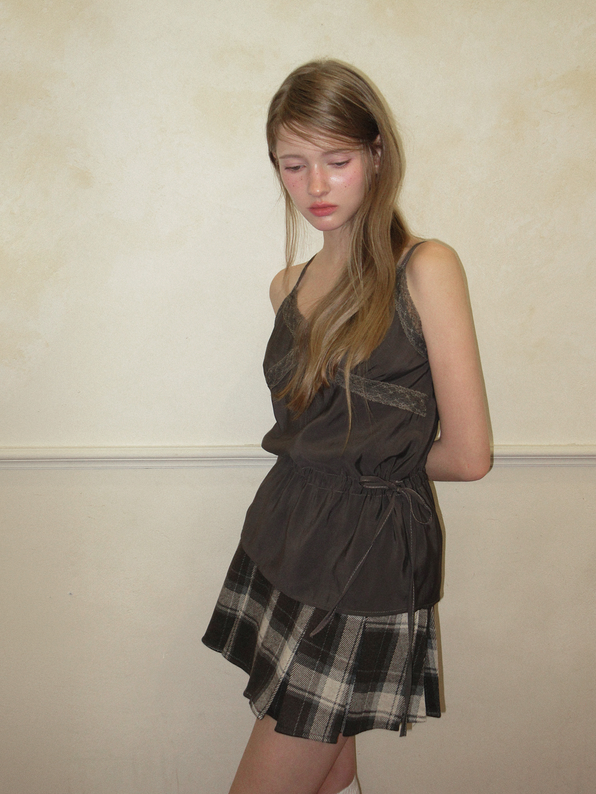 TWEE Benmu lace satin sleeveless blouse - Model styling view