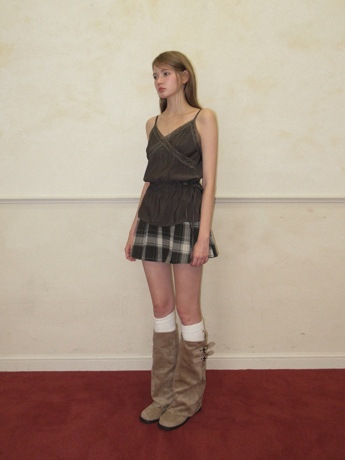 TWEE Benmu lace satin sleeveless blouse - Model styling view