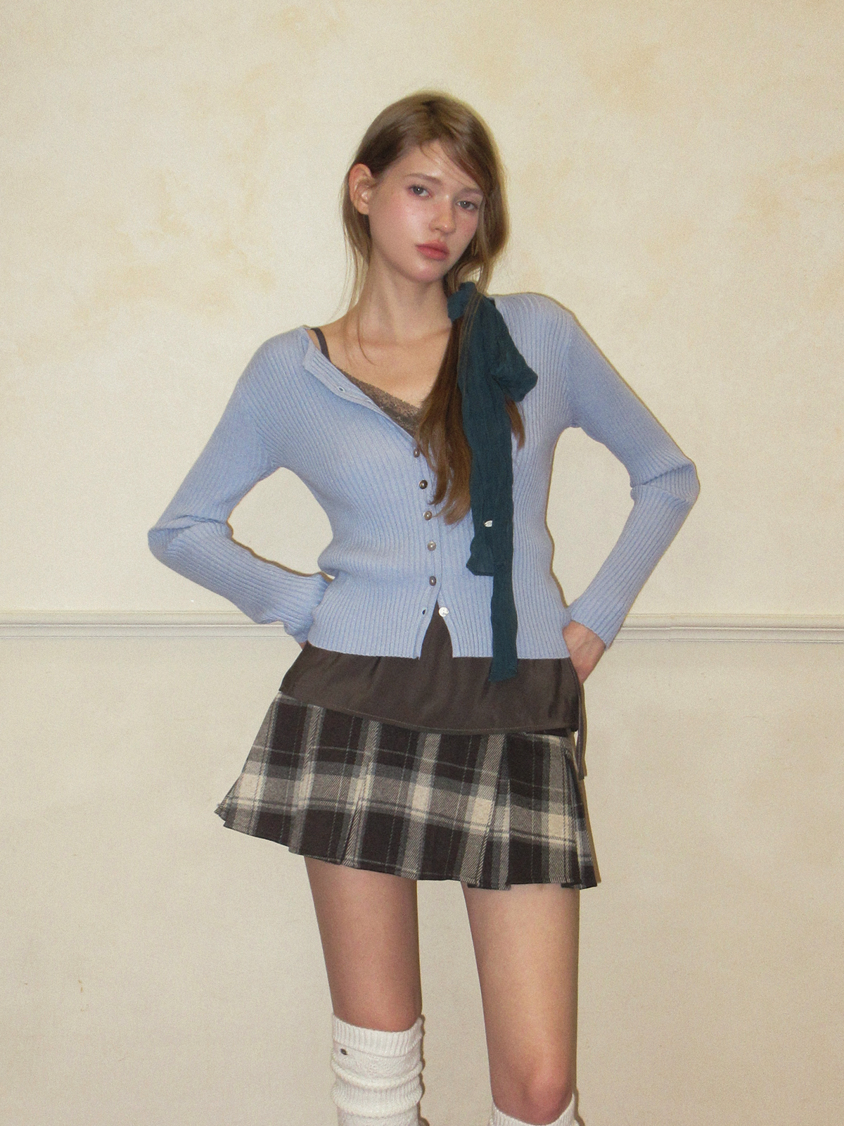 TWEE Rezon check pleated mini skirt - Model styling view