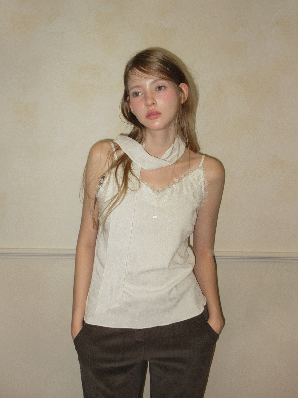 TWEE Pevol lace suede sleeveless blouse - Model styling view