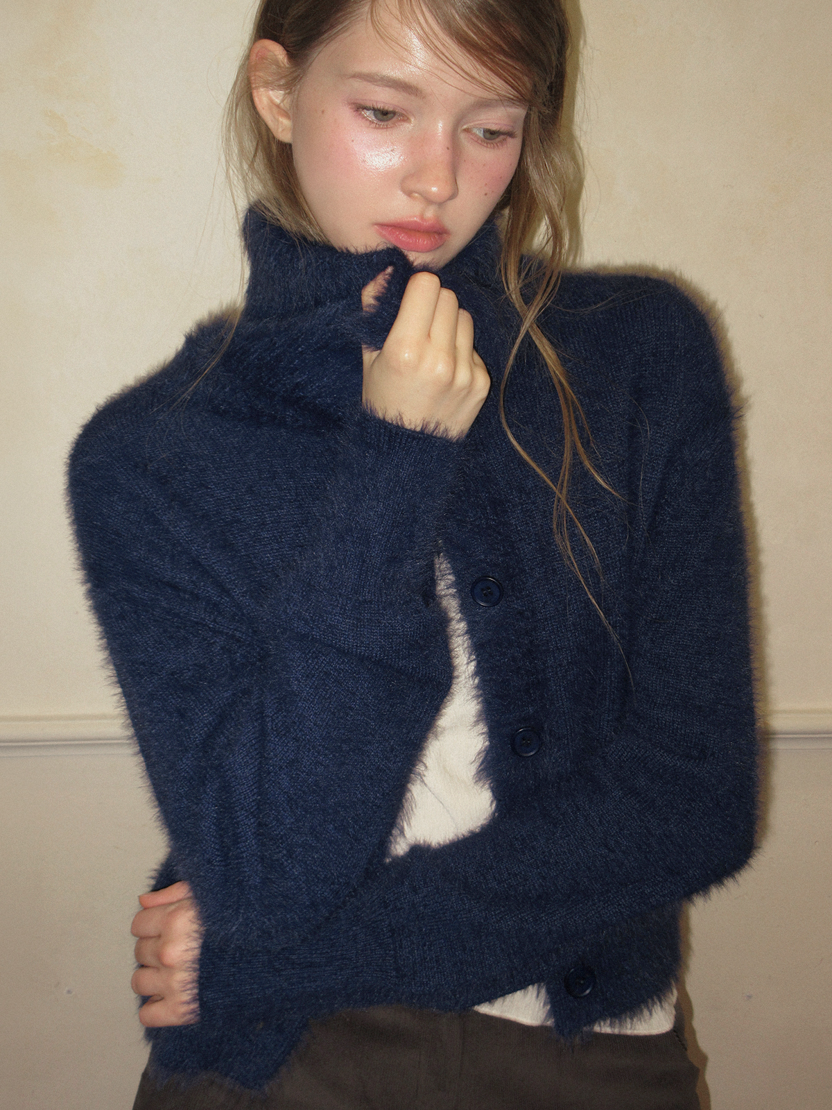 TWEE Sophie brushed collar knit long sleeve cardigan - Model styling view