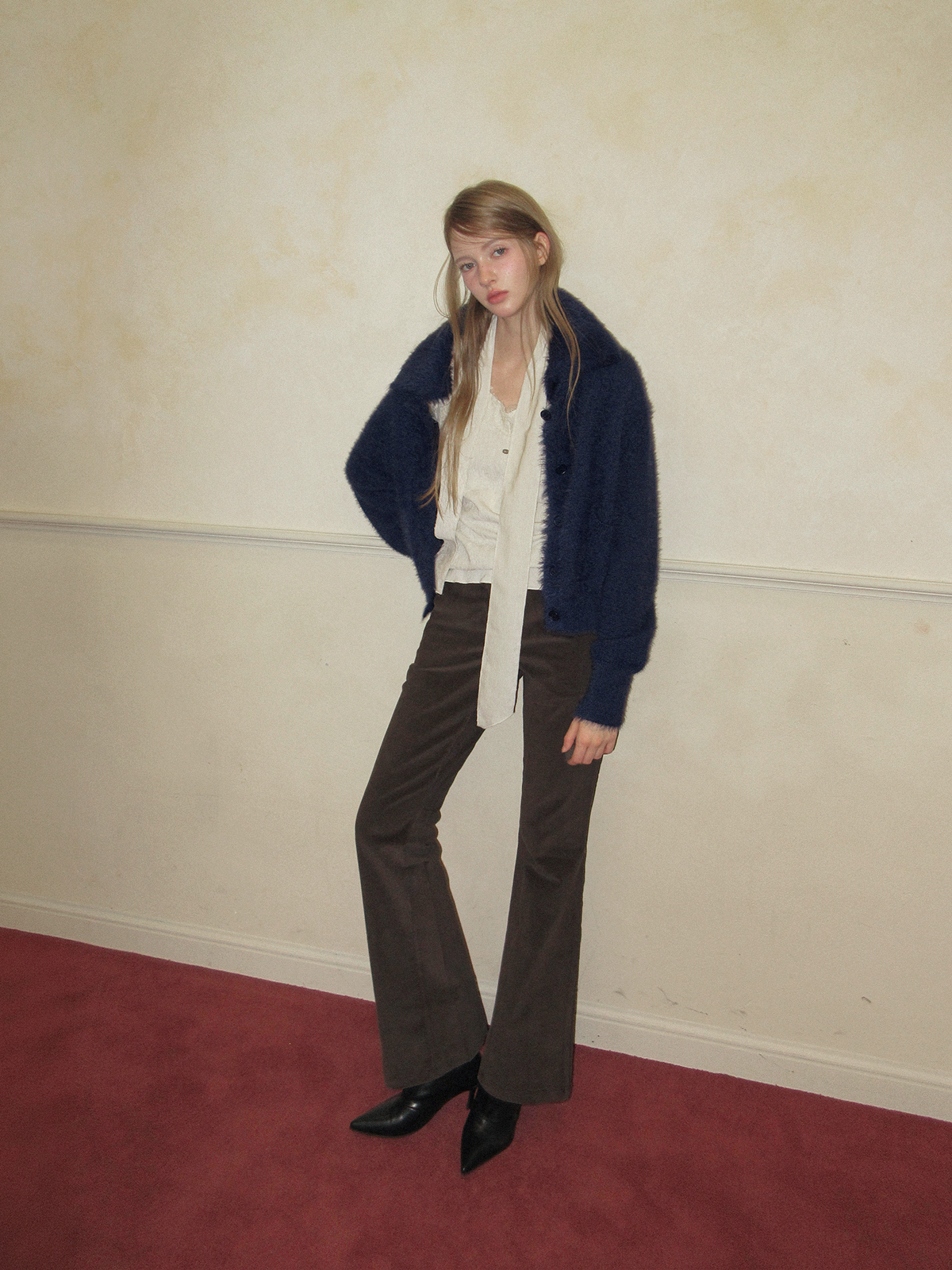 TWEE Sophie brushed collar knit long sleeve cardigan - Model styling view