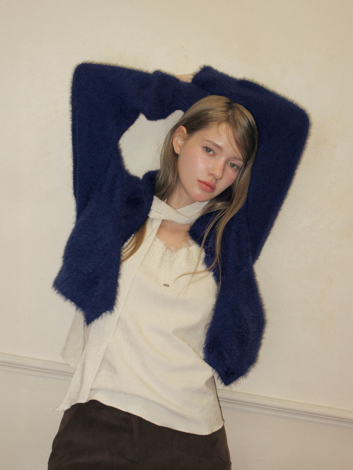 TWEE Sophie brushed collar knit long sleeve cardigan - Model styling view