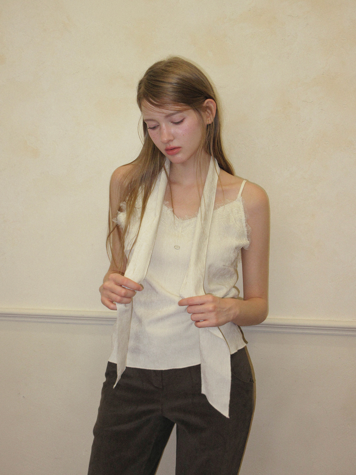 TWEE Sophie brushed collar knit long sleeve cardigan - Model styling view