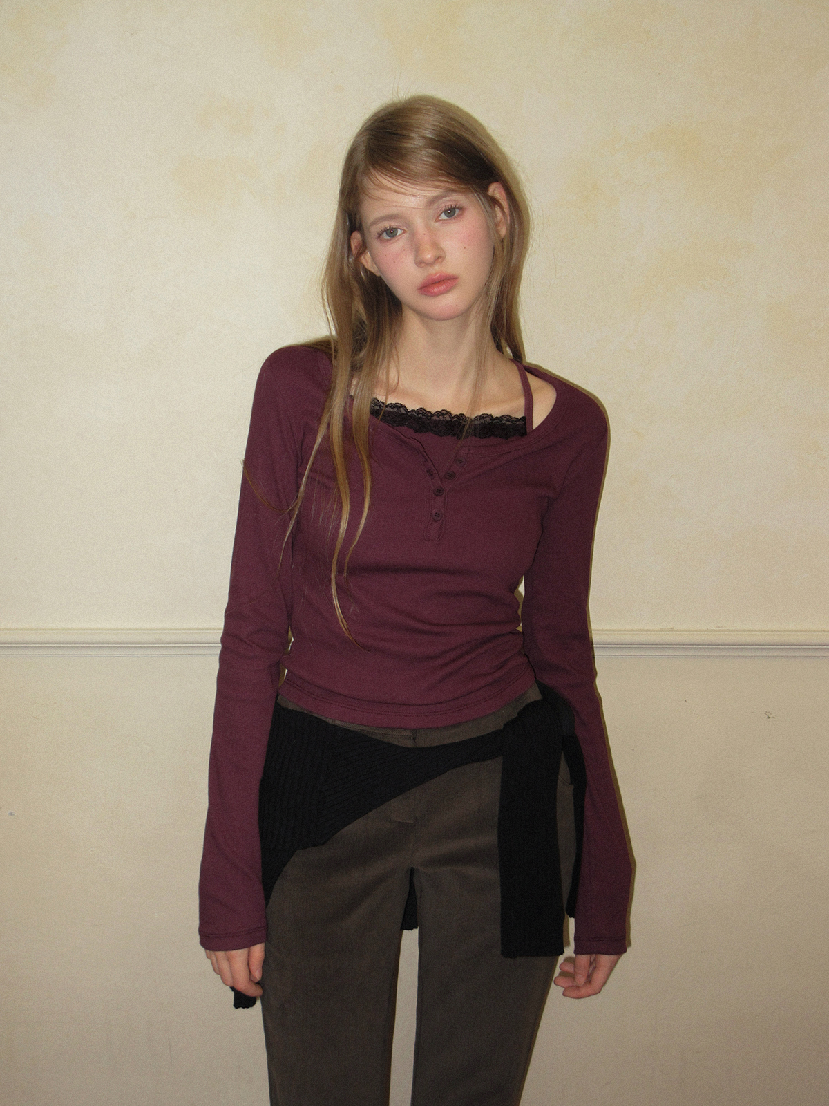 TWEE Martin lace contrast button long sleeve T-shirt - Model styling view