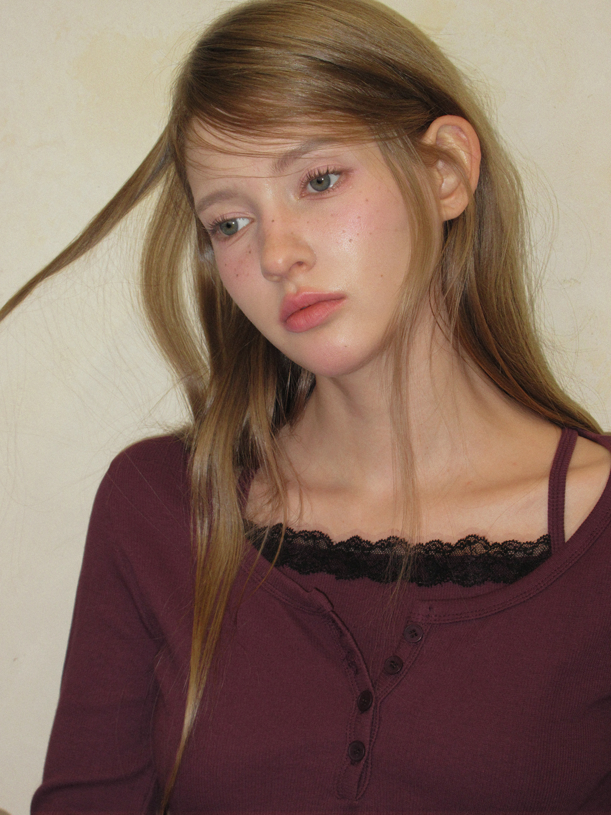 TWEE Martin lace contrast button long sleeve T-shirt - Model styling view