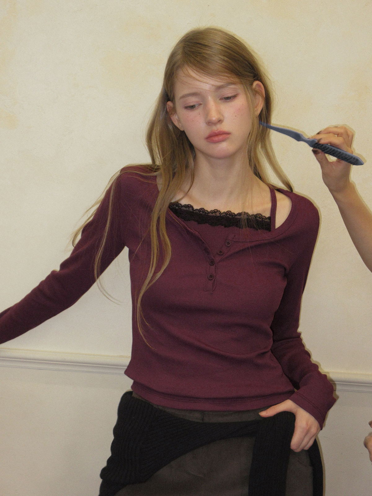 TWEE Martin lace contrast button long sleeve T-shirt - Model styling view