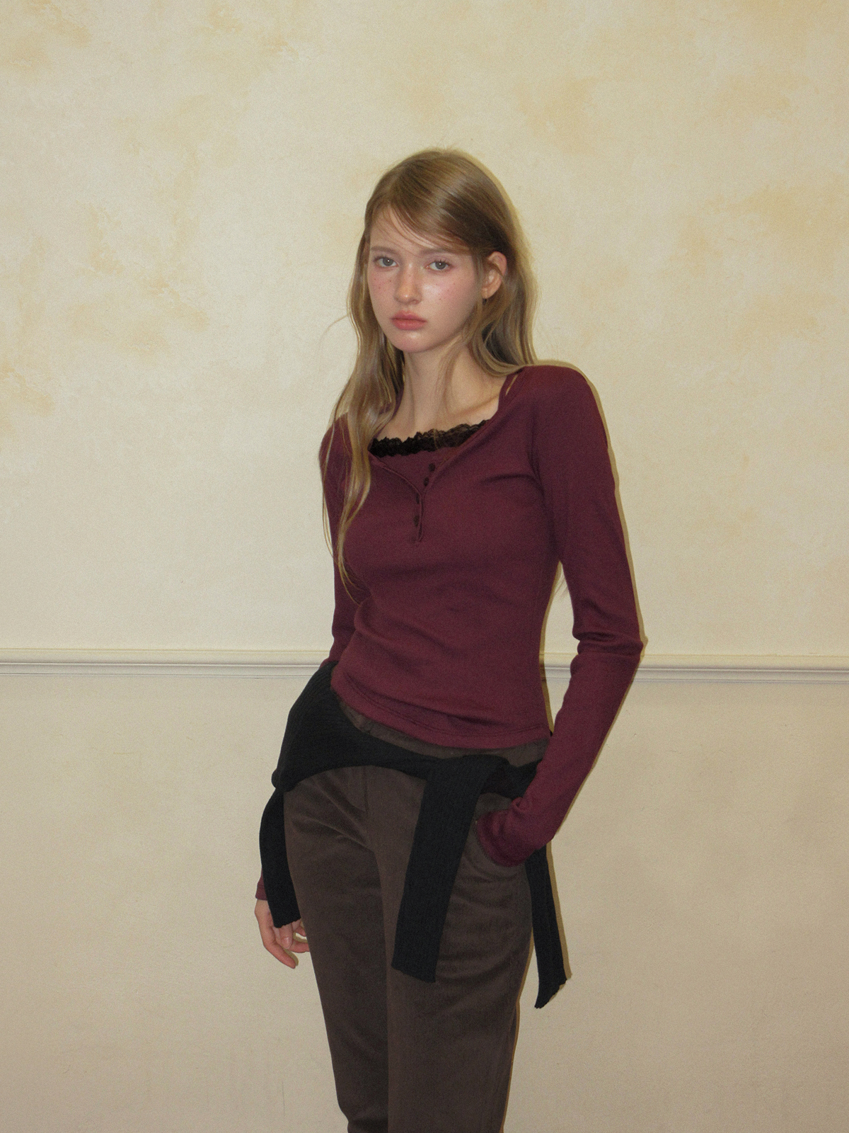 TWEE Martin lace contrast button long sleeve T-shirt - Model styling view