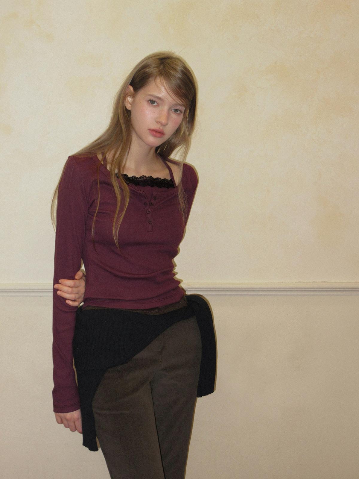 TWEE Martin lace contrast button long sleeve T-shirt - Model styling view