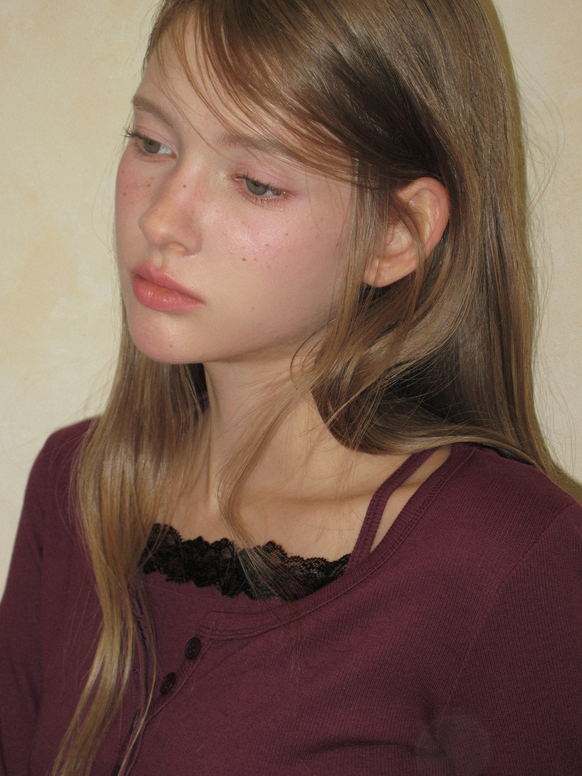 TWEE Martin lace contrast button long sleeve T-shirt - Model styling view