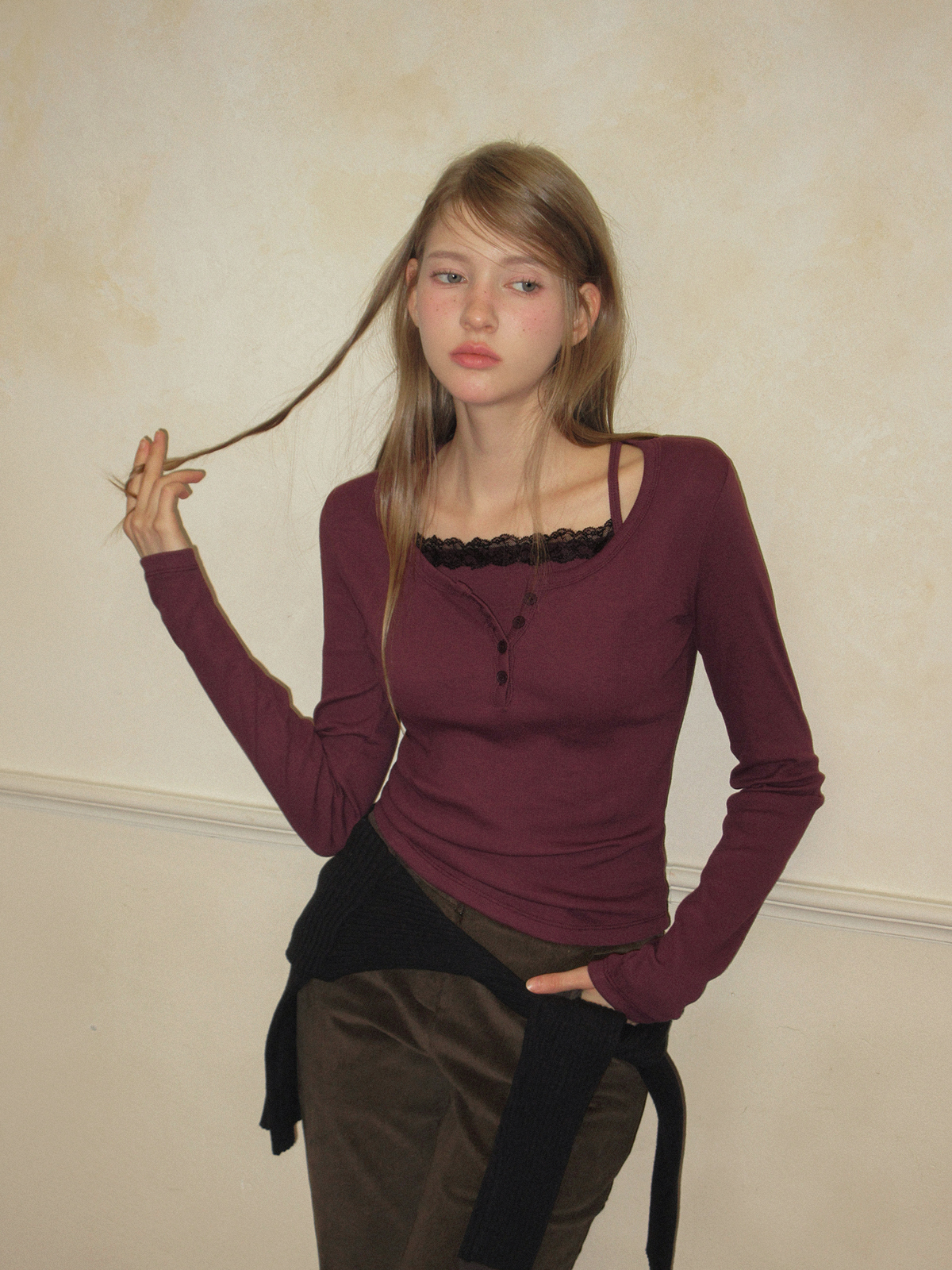 TWEE Martin lace contrast button long sleeve T-shirt - Model styling view