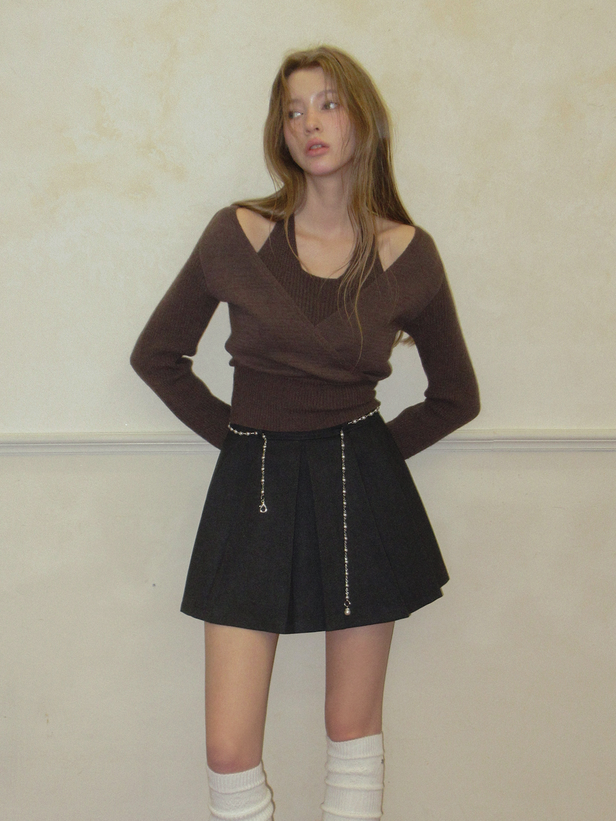 TWEE Tia halter layered wrap long sleeve knit - Model styling view