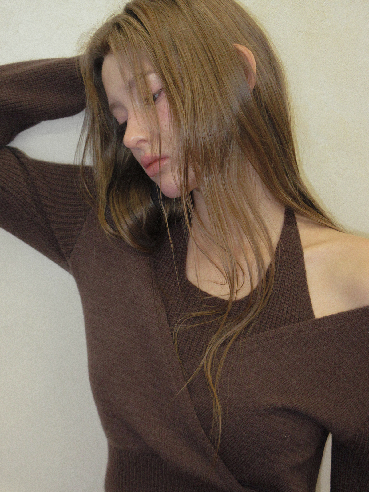 TWEE Tia halter layered wrap long sleeve knit - Model styling view