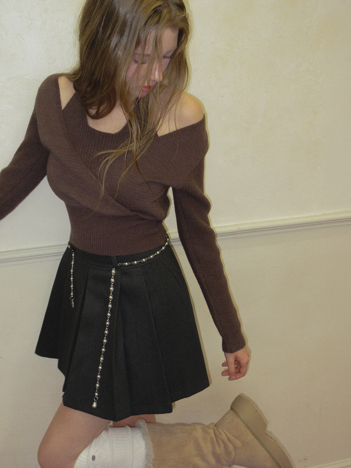 TWEE Tia halter layered wrap long sleeve knit - Model styling view