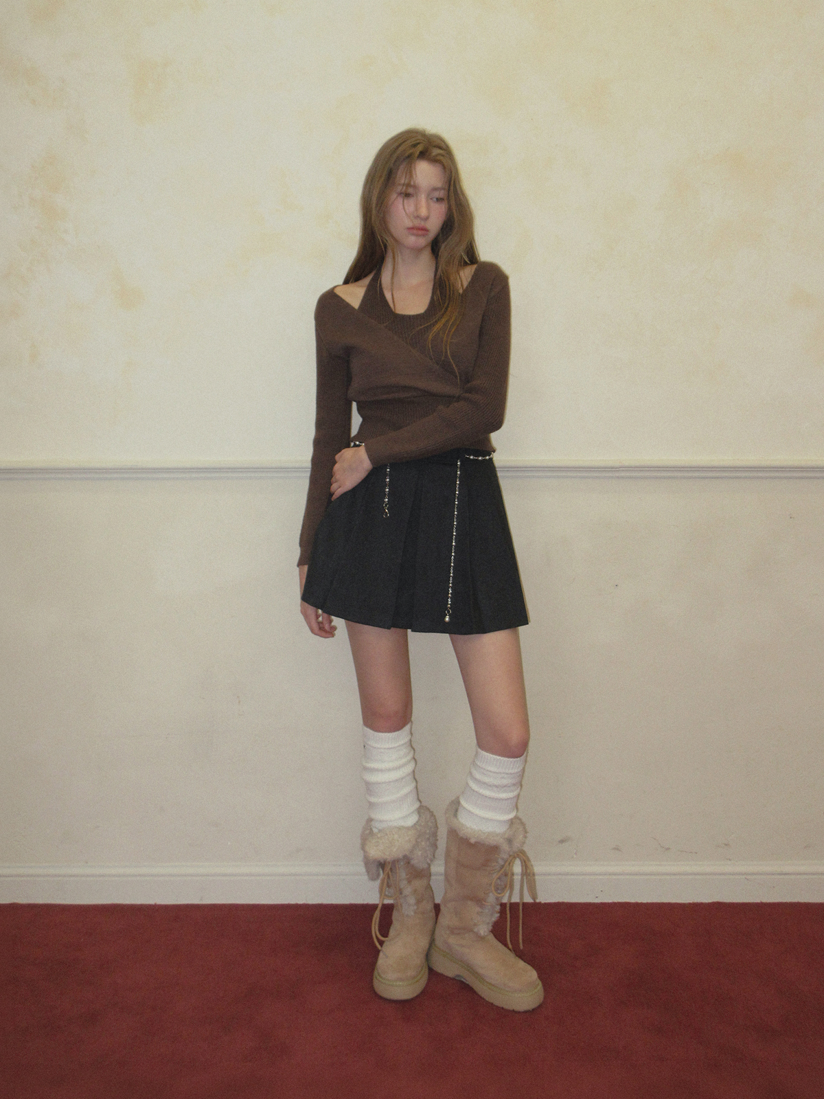 TWEE Tia halter layered wrap long sleeve knit - Model styling view