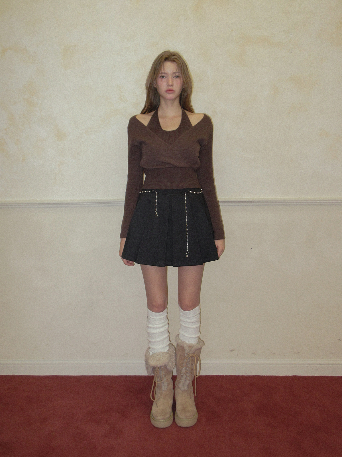 TWEE Tia halter layered wrap long sleeve knit - Model styling view