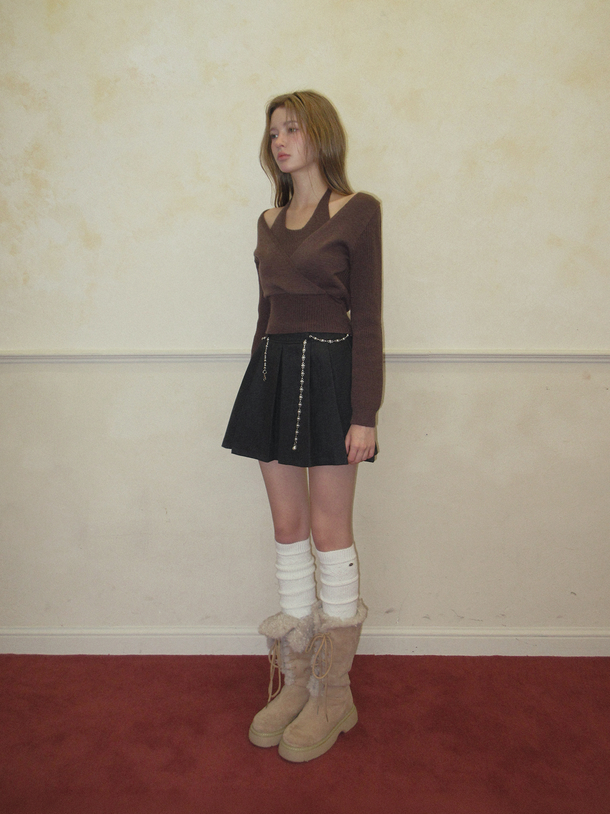 TWEE Tia halter layered wrap long sleeve knit - Model styling view