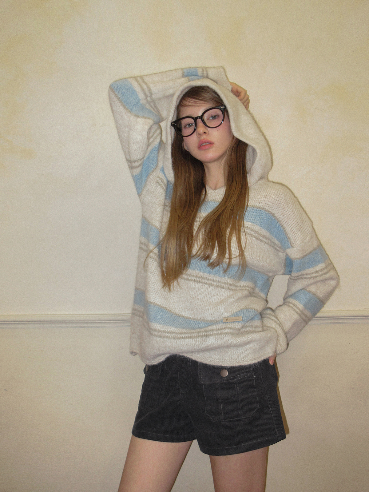 TWEE Cherit stripe oversized hood long sleeve knit - Model styling view