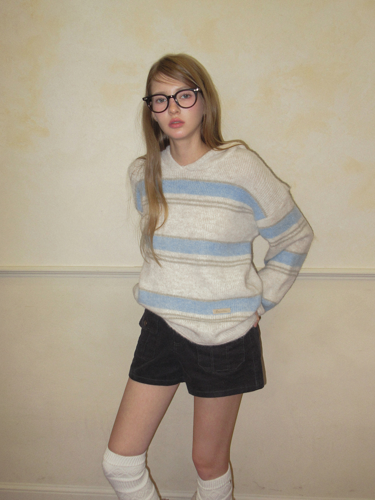 TWEE Cherit stripe oversized hood long sleeve knit - Model styling view