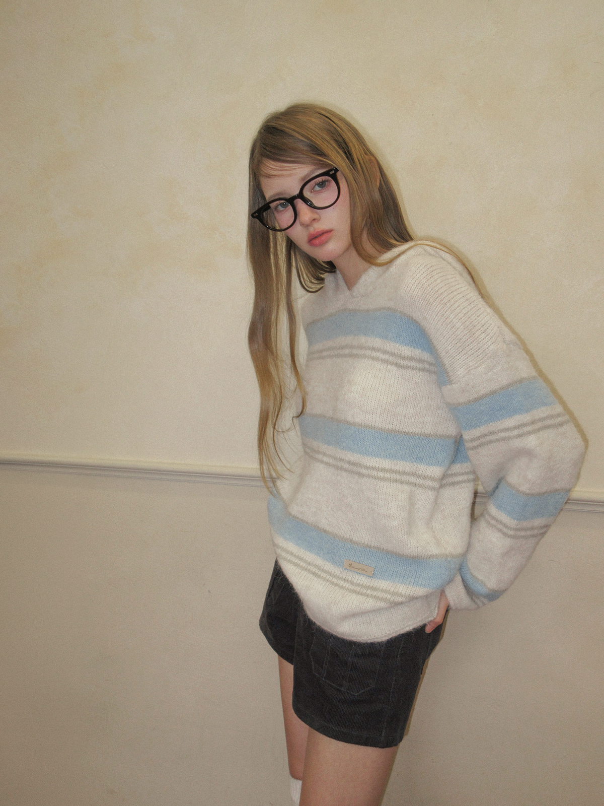 TWEE Cherit stripe oversized hood long sleeve knit - Model styling view