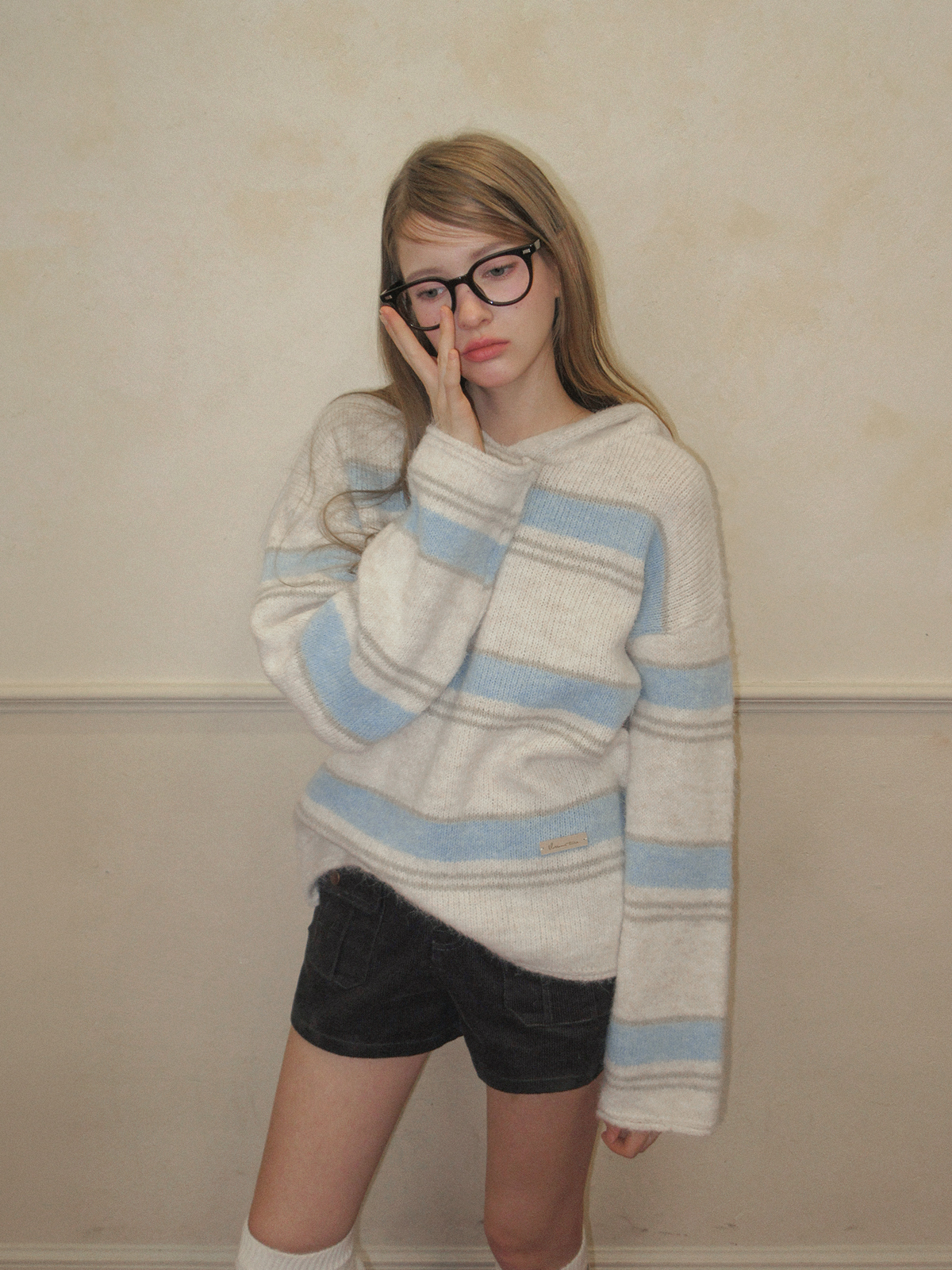 TWEE Cherit stripe oversized hood long sleeve knit - Model styling view