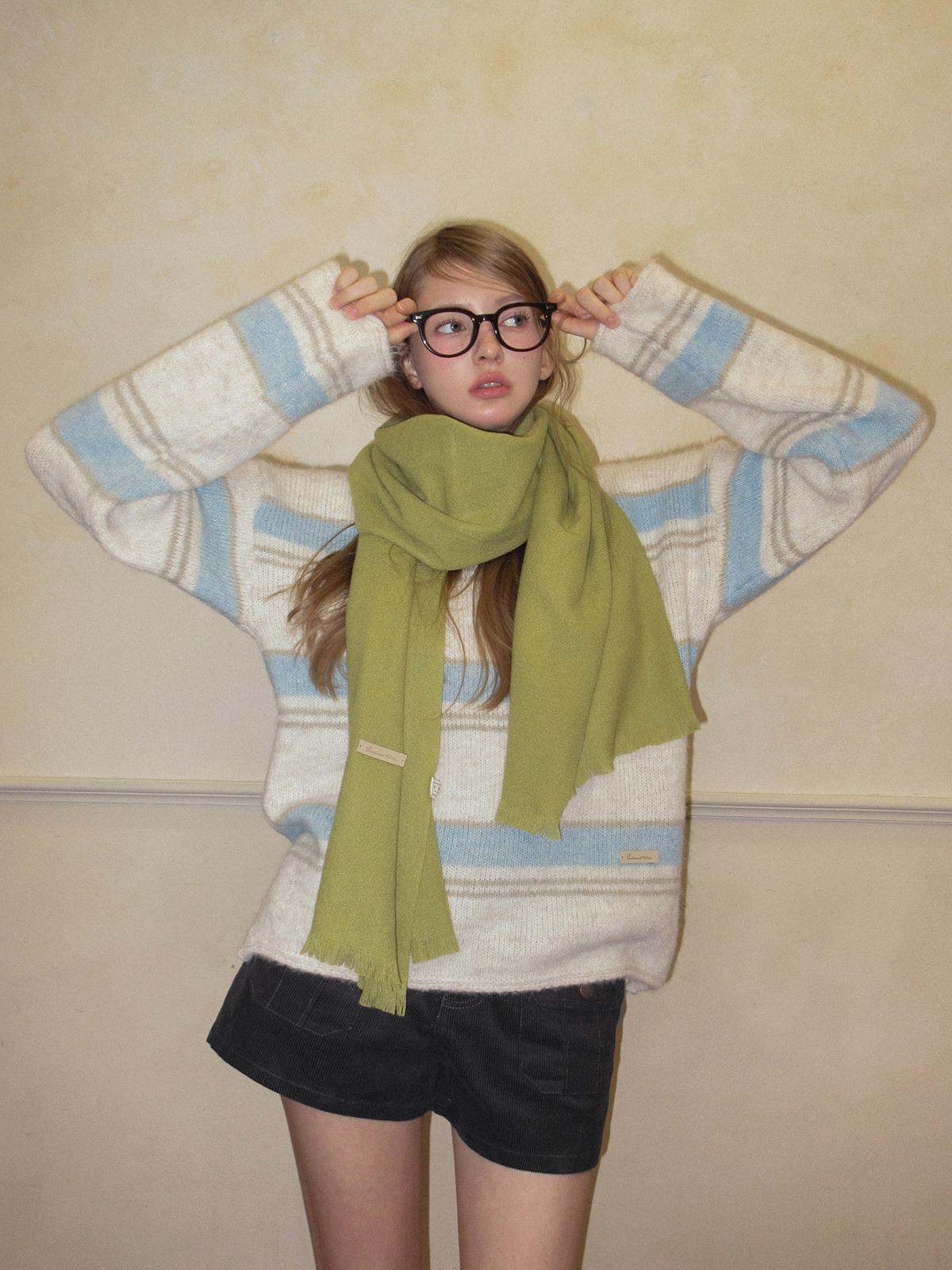 TWEE Cherit stripe oversized hood long sleeve knit - Model styling view