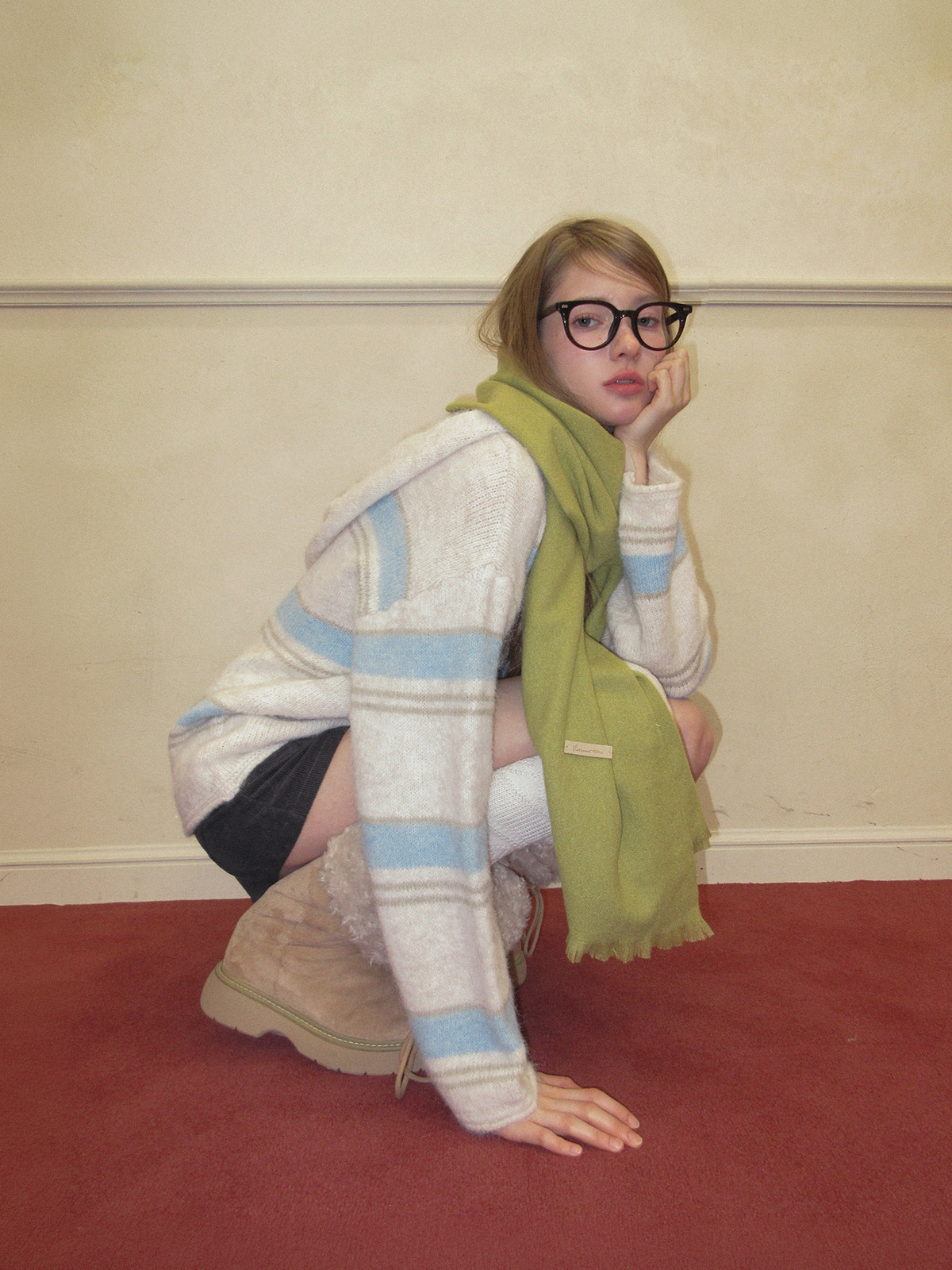 TWEE Cherit stripe oversized hood long sleeve knit - Model styling view