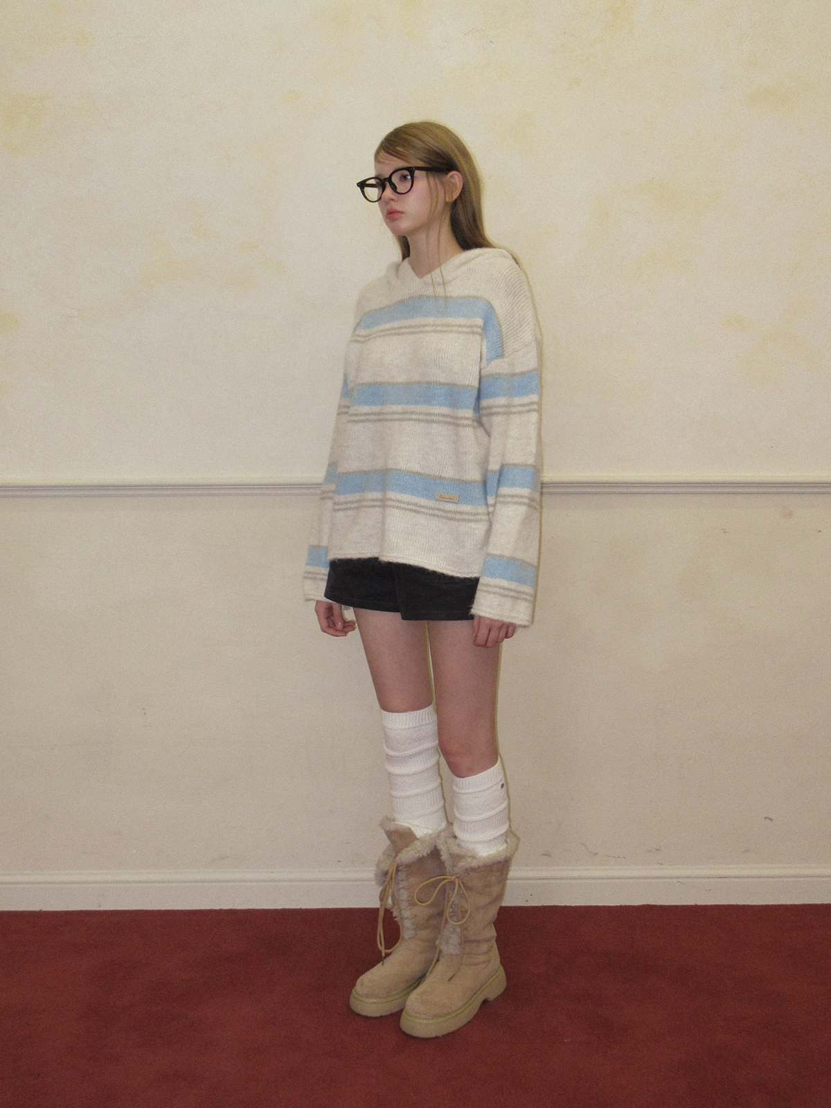 TWEE Cherit stripe oversized hood long sleeve knit - Model styling view