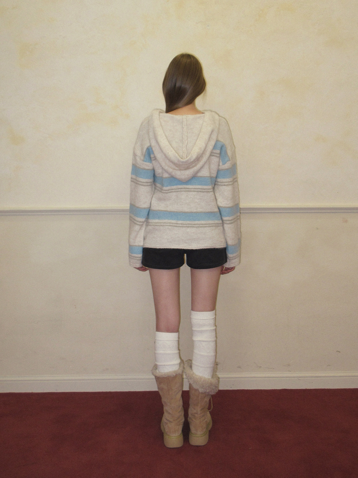 TWEE Cherit stripe oversized hood long sleeve knit - Model styling view