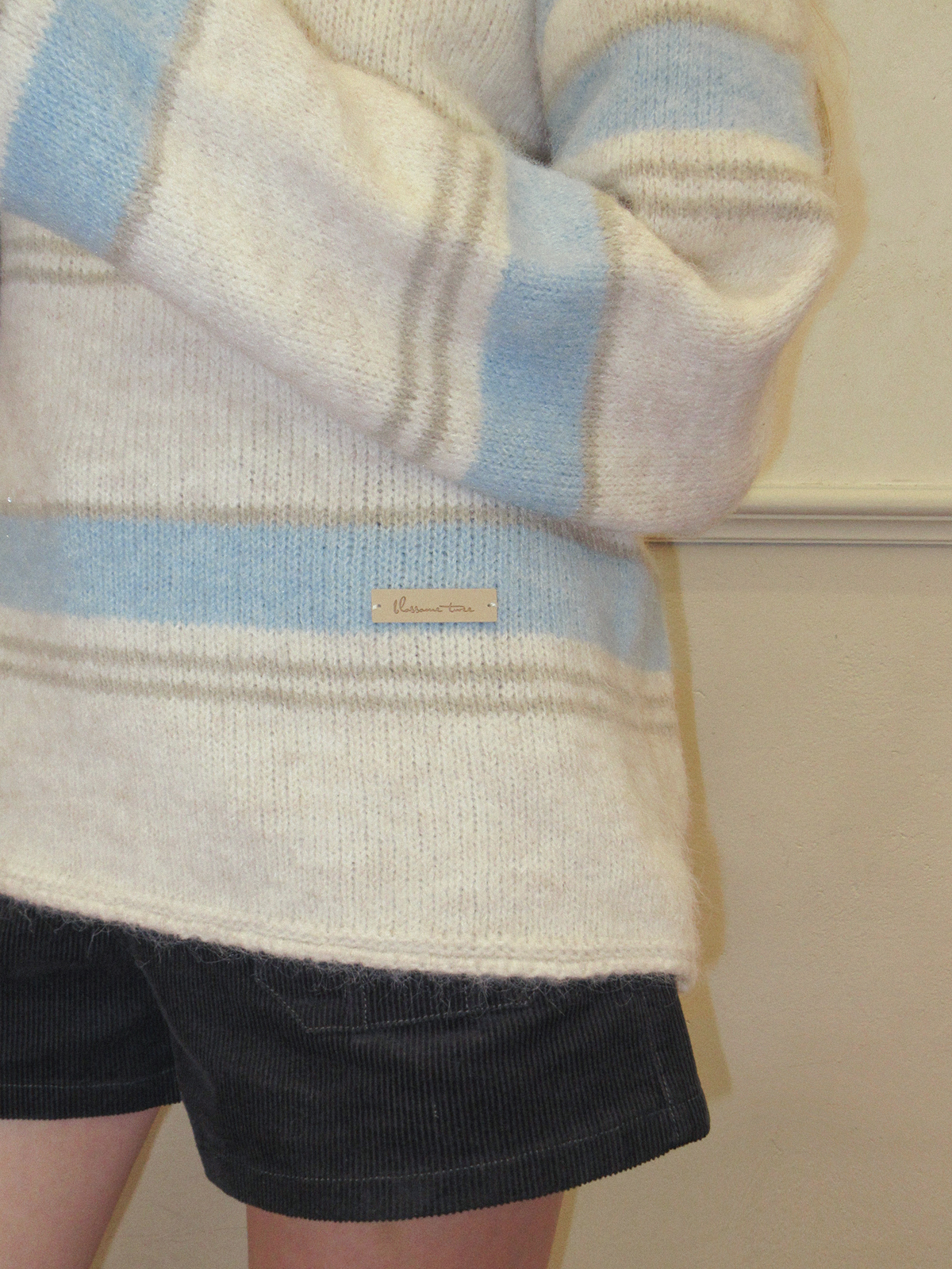 TWEE Cherit stripe oversized hood long sleeve knit - Model styling view