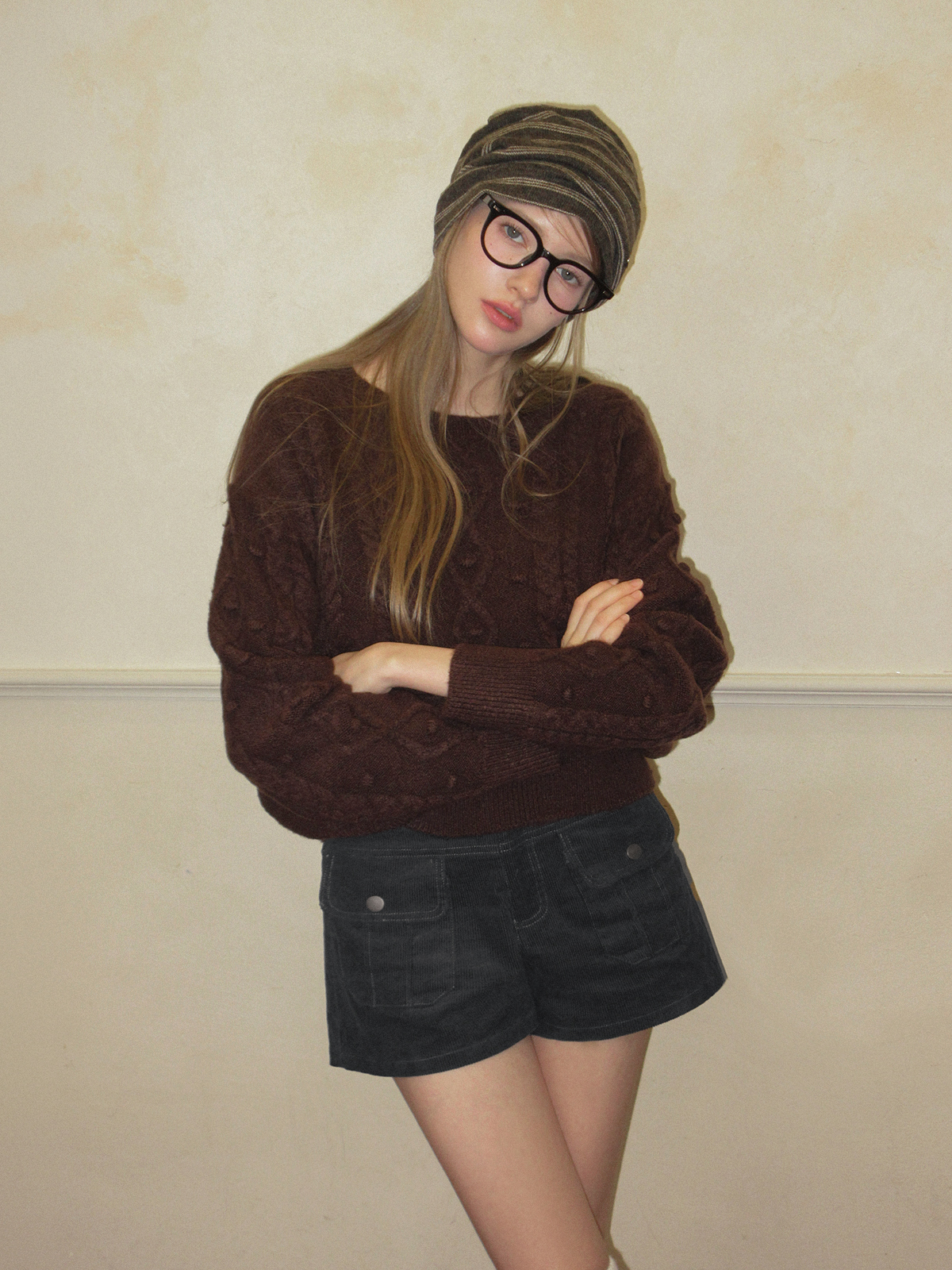 TWEE Kuti cable pattern round neck long sleeve knit - Model styling view