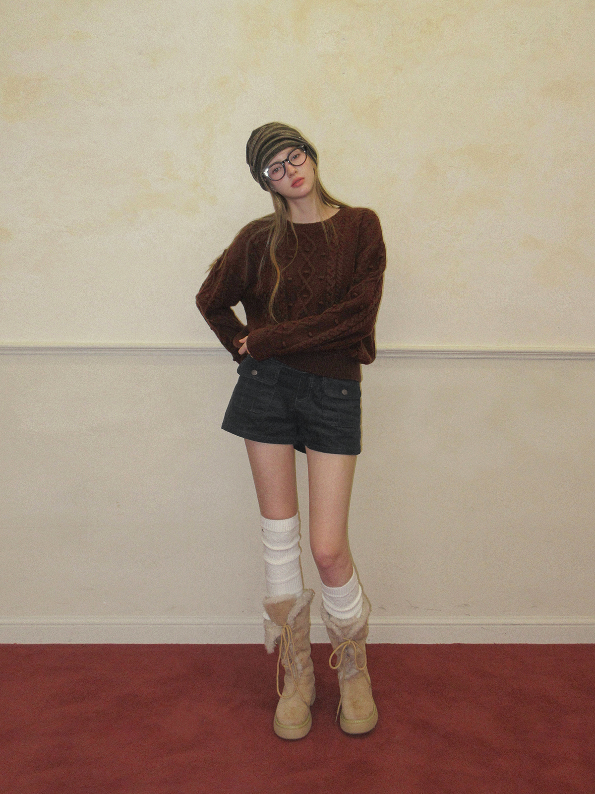 TWEE Kuti cable pattern round neck long sleeve knit - Model styling view