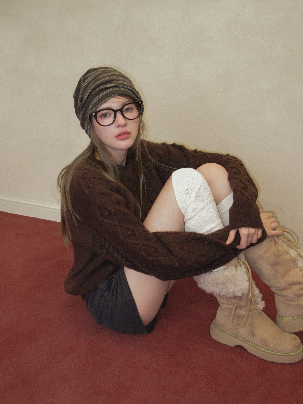 TWEE Kuti cable pattern round neck long sleeve knit - Model styling view