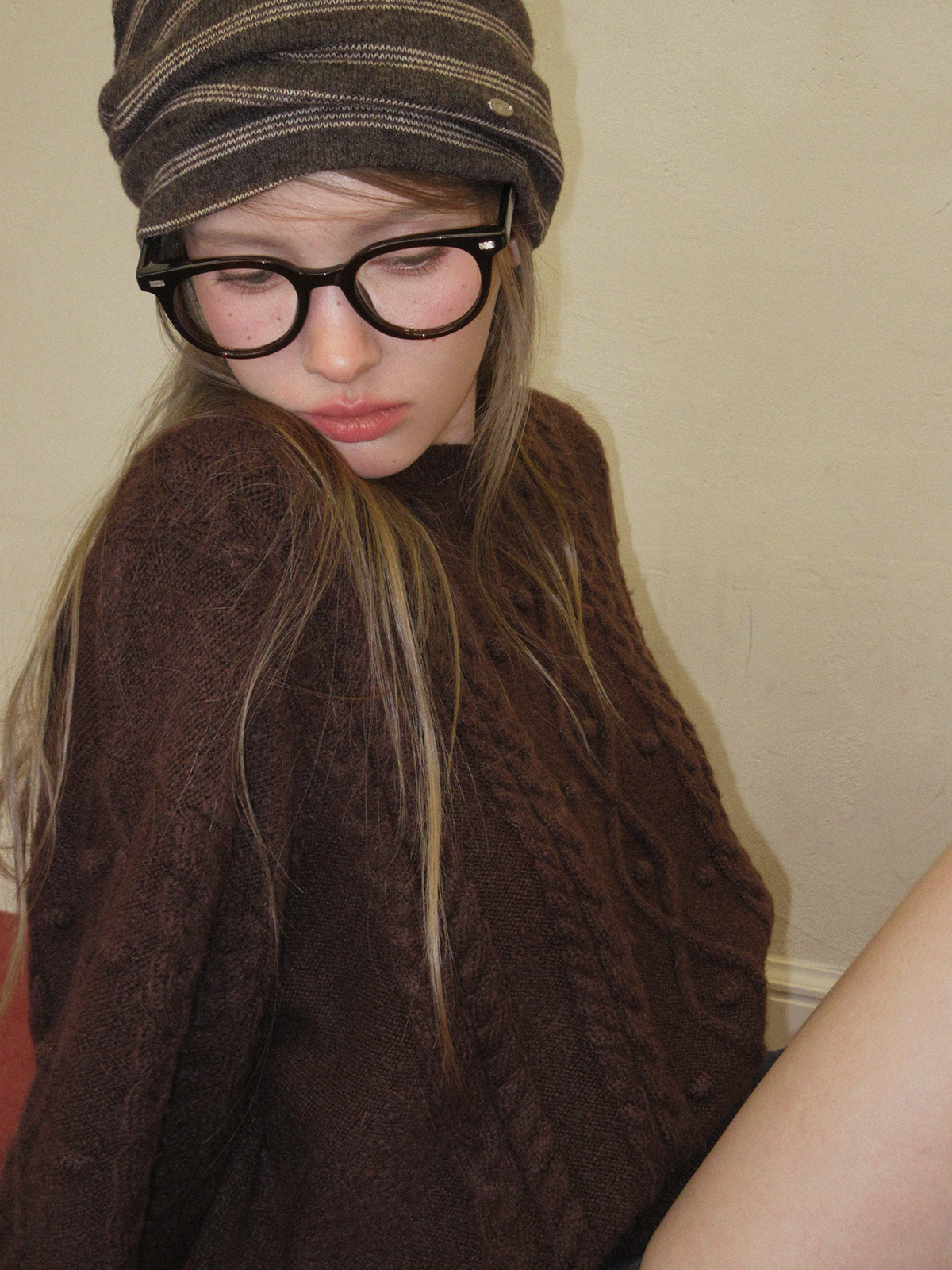 TWEE Kuti cable pattern round neck long sleeve knit - Model styling view