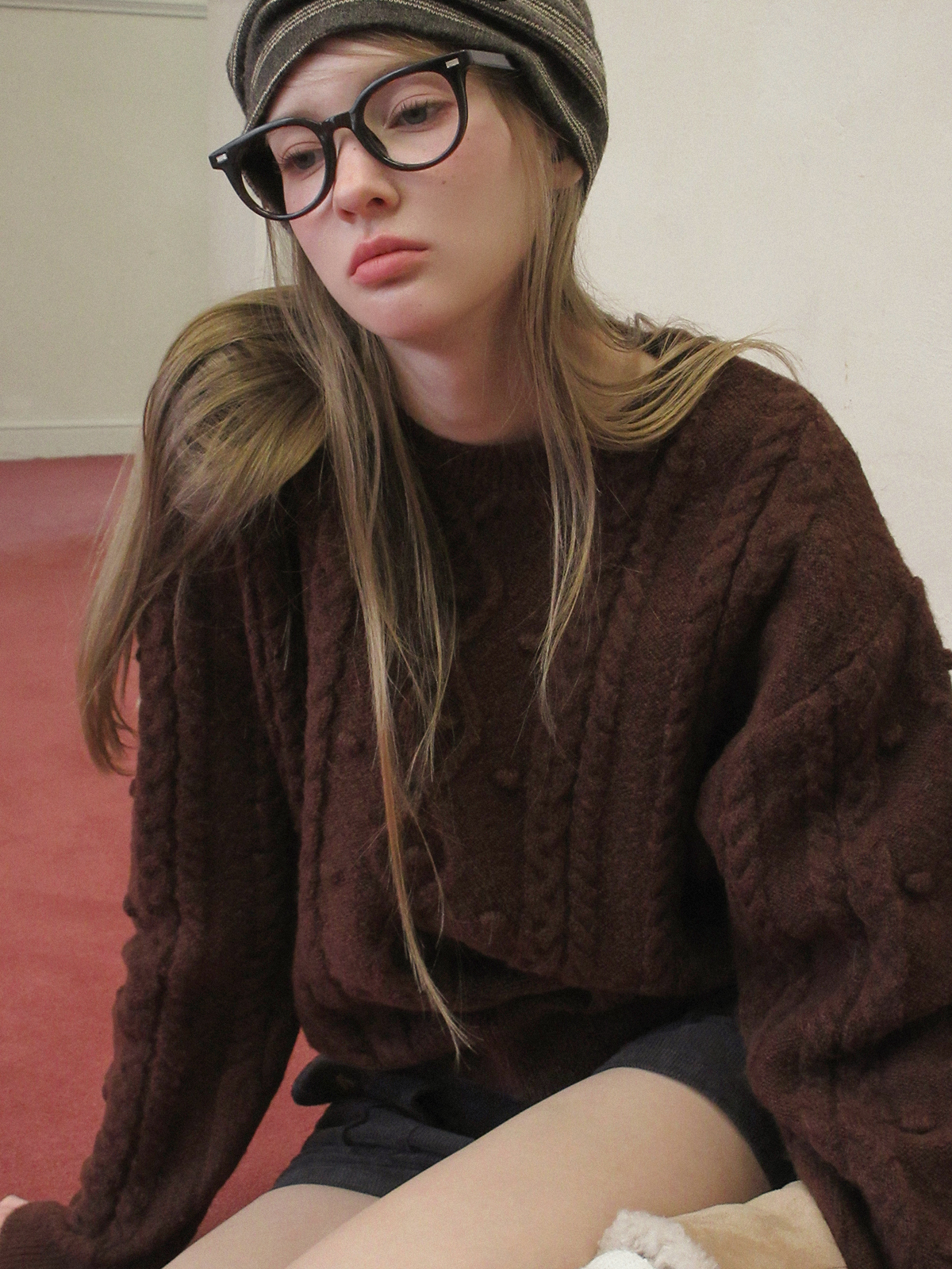 TWEE Kuti cable pattern round neck long sleeve knit - Model styling view
