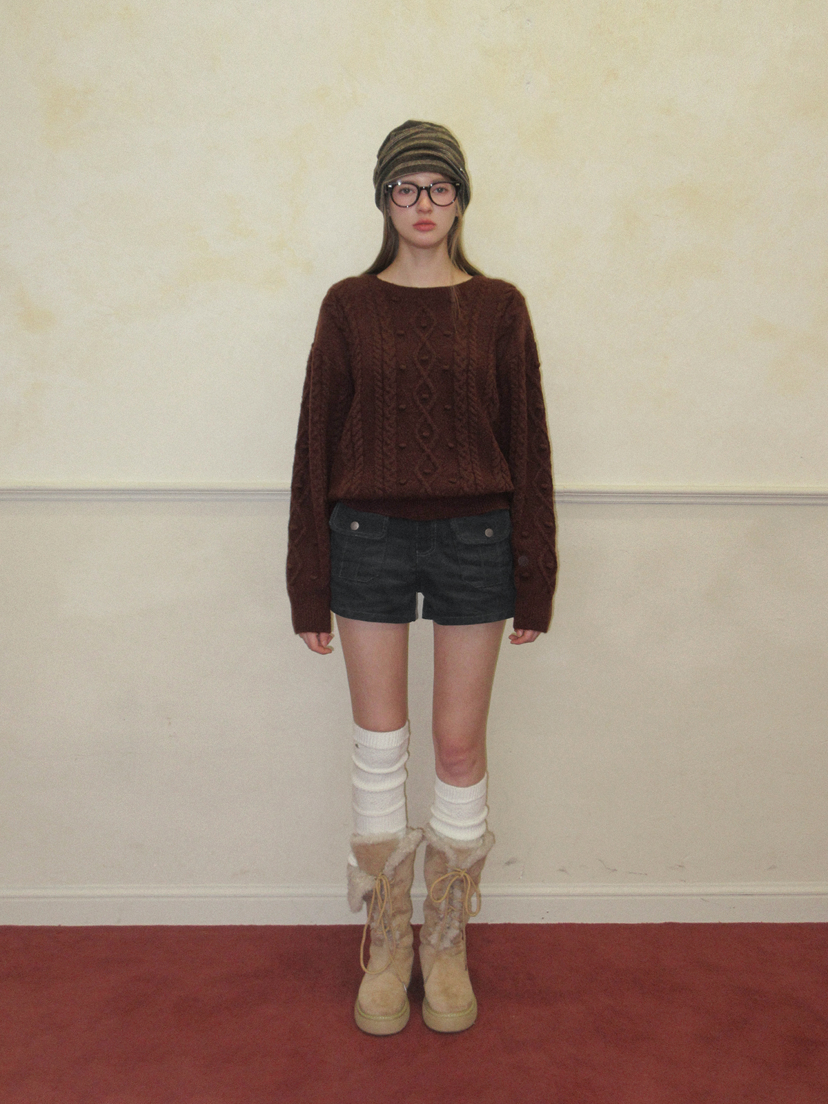 TWEE Kuti cable pattern round neck long sleeve knit - Model styling view