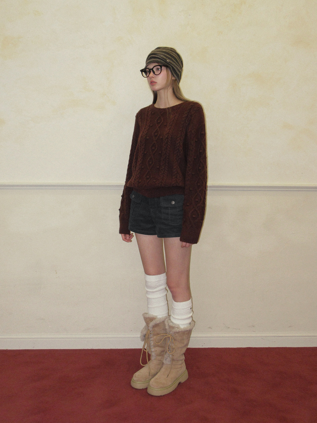 TWEE Kuti cable pattern round neck long sleeve knit - Model styling view