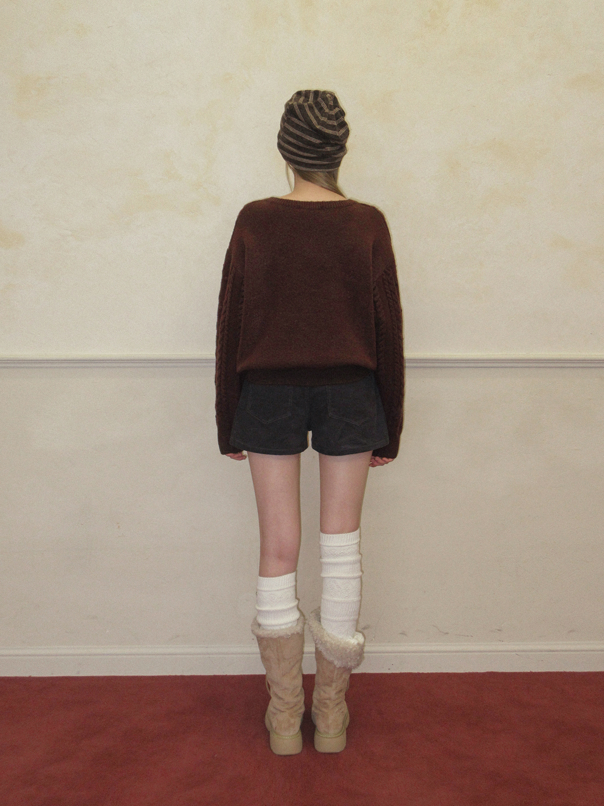 TWEE Kuti cable pattern round neck long sleeve knit - Model styling view
