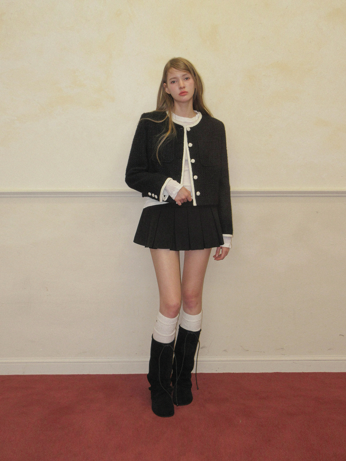 TWEE Osel contrast pocket long sleeve tweed jacket - Model styling view
